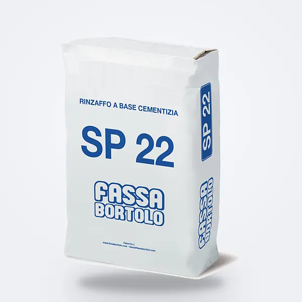 Gobetis Fassa SP 22 : sac 25 kg blanc à impression bleue Fassa Bortolo — accrochage sur béton lisse