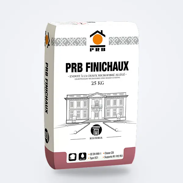 Enduit à la chaux PRB FINICHAUX GM : sac 25 kg blanc et bordeaux, logo PRB — enduit de bâti ancien