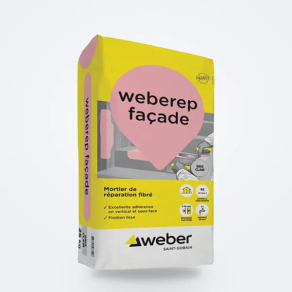 Mortier de réparation weberep façade : sac 25 kg Weber jaune à goutte rose — ragréage de façade