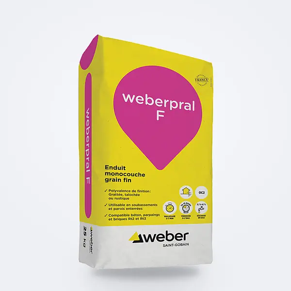 Enduit monocouche weberpral F : sac 25 kg Weber jaune à goutte magenta — enduit de façade grain fin