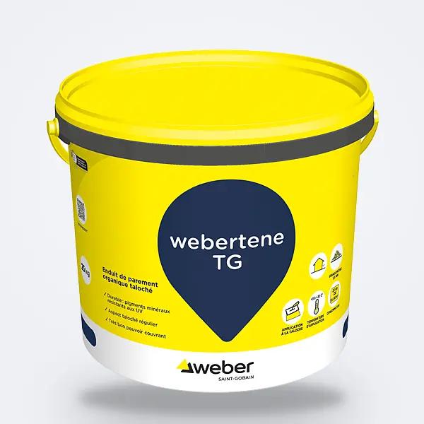 Enduit de parement webertene TG : seau 25 kg Weber jaune à goutte bleu marine — finition talochée