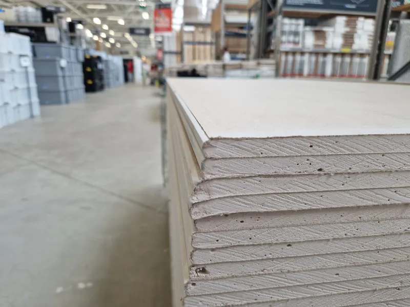 Pile de plaques de plâtre BA13 dans l'allée d'un magasin de matériaux