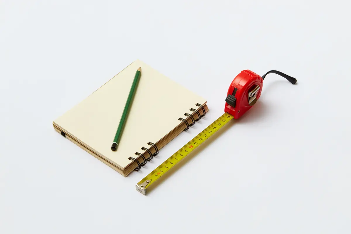 Carnet, crayon et mètre ruban posés à plat sur un établi