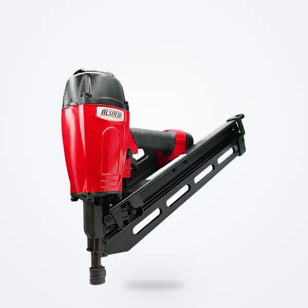 Cloueur pneumatique Alsafix D 38/100 P1 : corps rouge et noir, magasin incliné, raccord d'air, cloueur à pointes en bandes