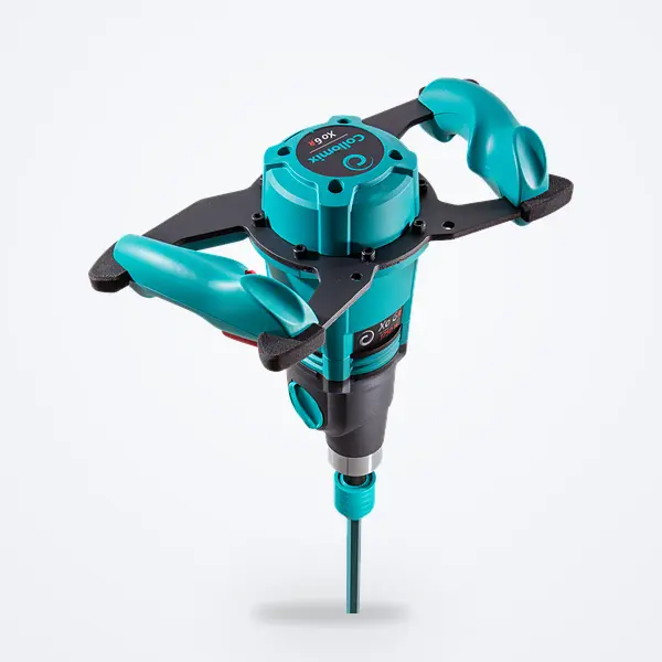 Malaxeur Collomix Xo 6 R : machine turquoise et anthracite à deux poignées, tige de malaxage, malaxeur électrique