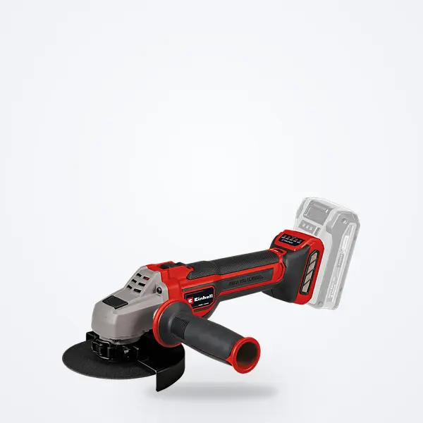 Meuleuse d'angle Einhell Professional TP-AG 18/125 CE Q : corps rouge et noir, disque monté, batterie en silhouette grise