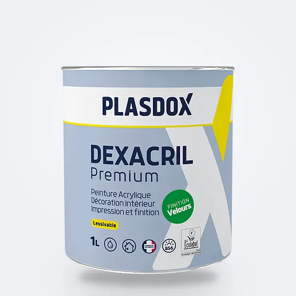 Peinture Dexacril Velours Premium TÜV : pot 1 L Plasdox gris-bleu, finition velours — peinture pièces humides