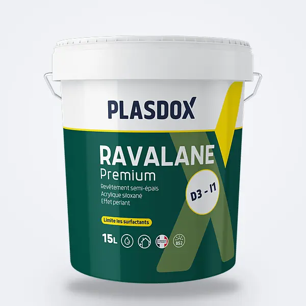 Peinture Ravalane Premium : seau 15 L Plasdox vert et blanc, pastille D3-I1 — peinture de ravalement de façade