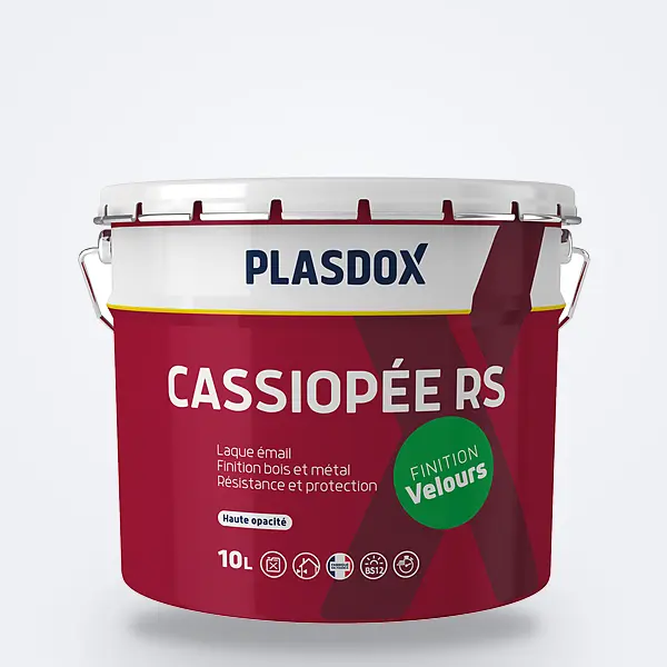 Laque Cassiopée RS : seau 10 L Plasdox bordeaux et blanc, finition velours — peinture boiseries et métal