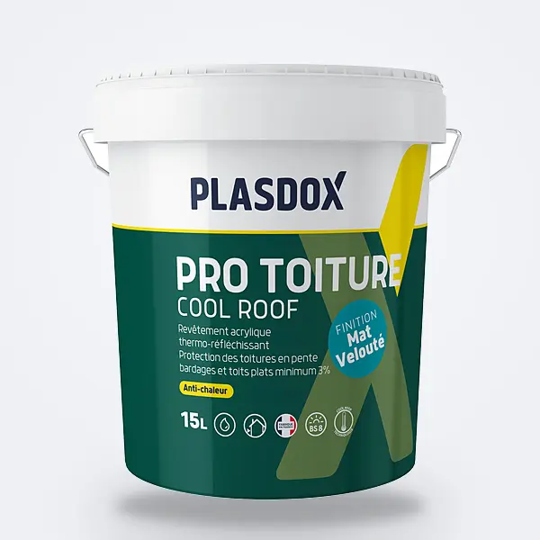 Pro Toiture Cool Roof : seau 15 L Plasdox vert et blanc, revêtement thermo-réfléchissant — peinture toiture